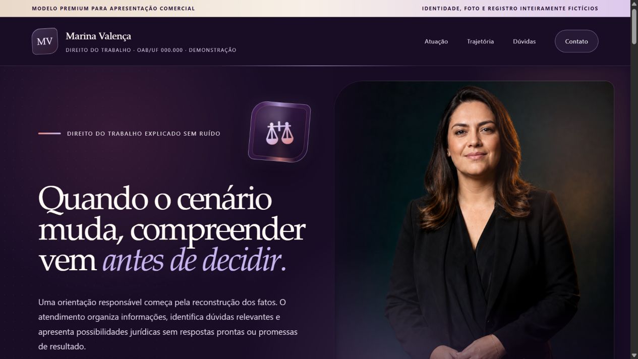 Prévia real do modelo de site para Advocacia
