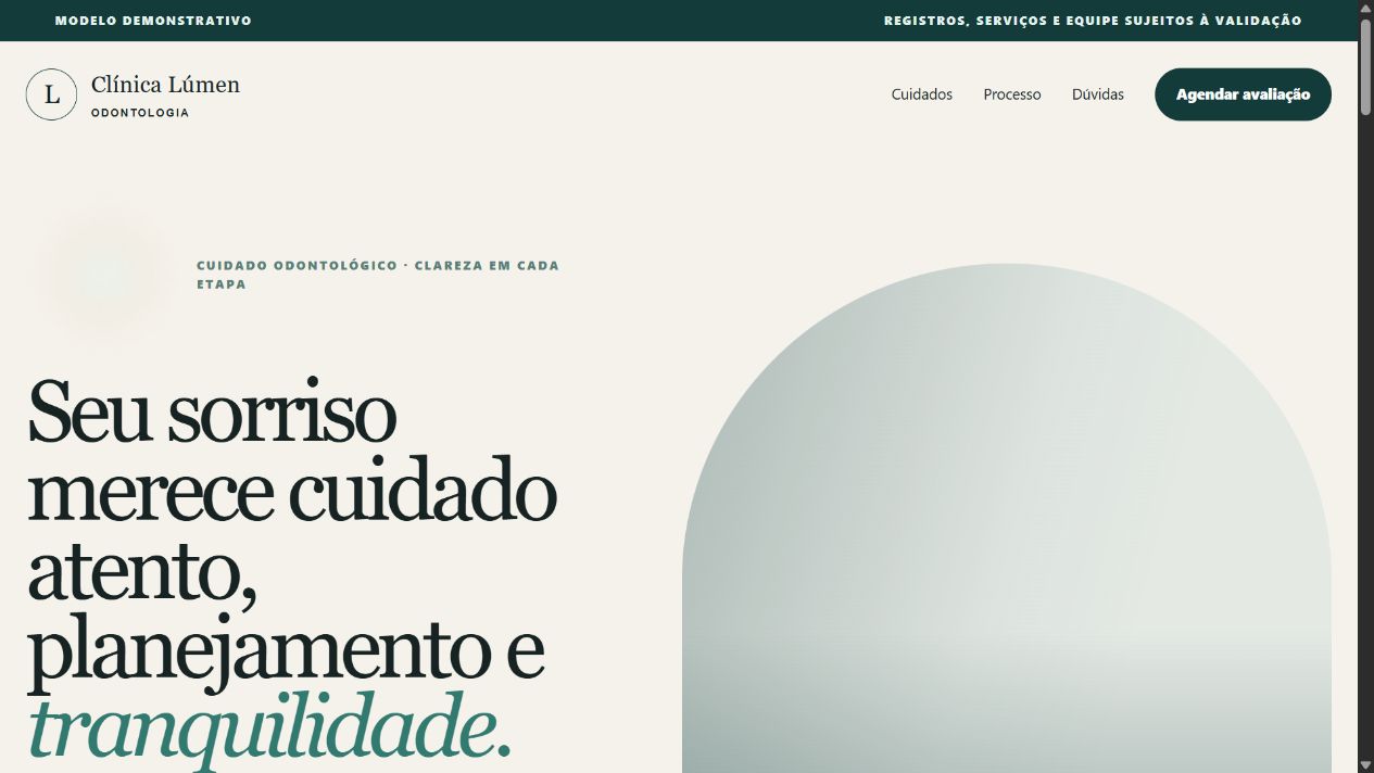 Prévia real do modelo de site para Odontologia