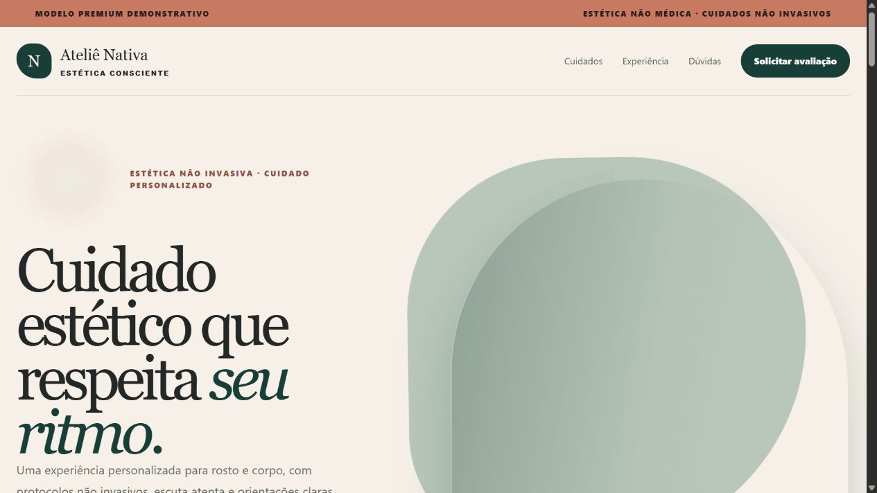 Prévia real do modelo de site para Estética