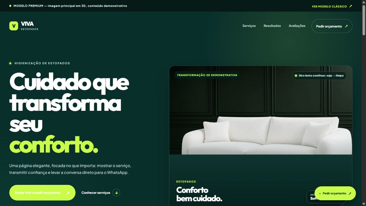 Prévia real do modelo de site para Higienização